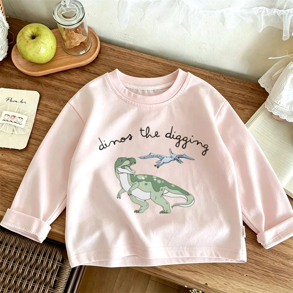 Dinosaur Print TShirt Pure Cotton Clothes Round Neck Base Shirt Boys And Girls New Design Long-sleeved Tops Kids Cartoon Tees