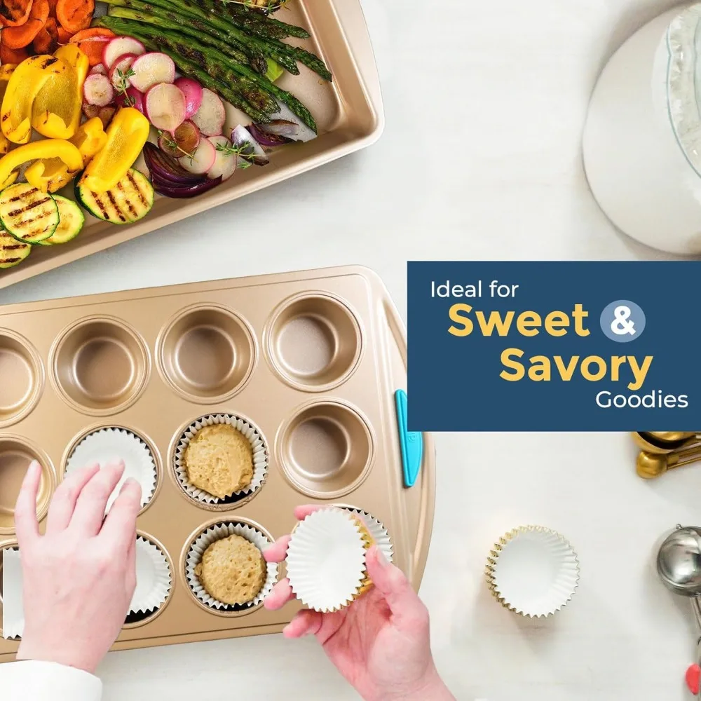 10-Piece Nonstick Bakeware Set: Cookie Sheets, Cake Pans, Pizza Crisper, Muffin Pan with Silicone Handles