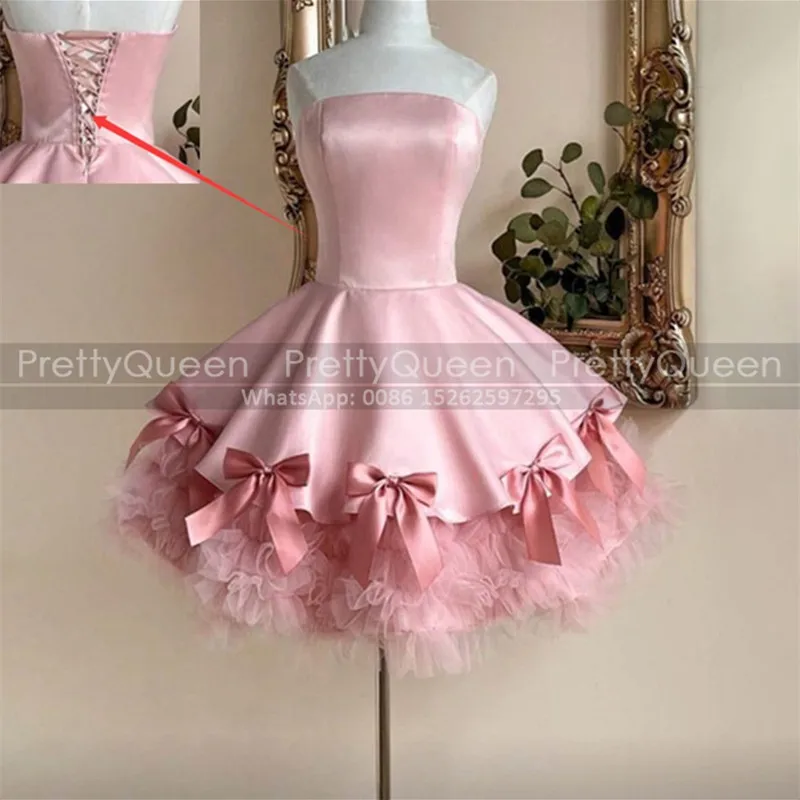 

Customized Bridesmaid Dresses Short Puffy A Line Strapless Bows Mini Wedding Party Dress For Women Corset Back
