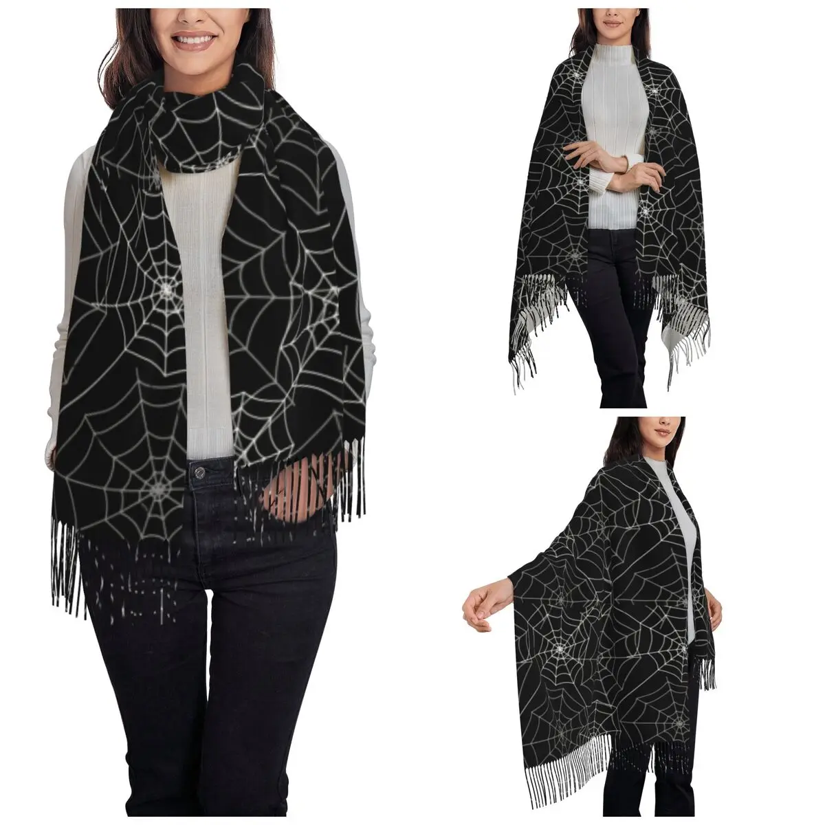 Spider Cobweb Spiderweb Halloween Scarf for Women Fall Winter Cashmere Shawls and Wrap goth HD Long Scarves with Tassel Ladies