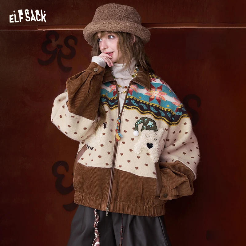 

ELFSACK 2025, зимнее новое поступление Y2K, повседневное пальто в полоску с 3D рисунком собаки и лацканами для женщин