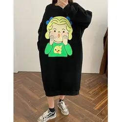 Jesienno-zimowa odzież damska Oversized Tshirt Dress Casual Korean Cartoon O-neck Long Sleeve Midi Dress Kobiece luźne sukienki