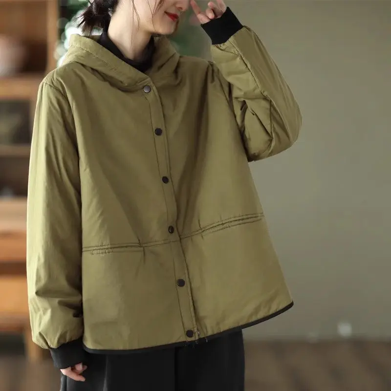 Retro Winter Women\'s Jacket 2023 New Popular Autumn Versatile Casual Hooded Warm Cotton Coat Big Size Quilted Tops Z3292