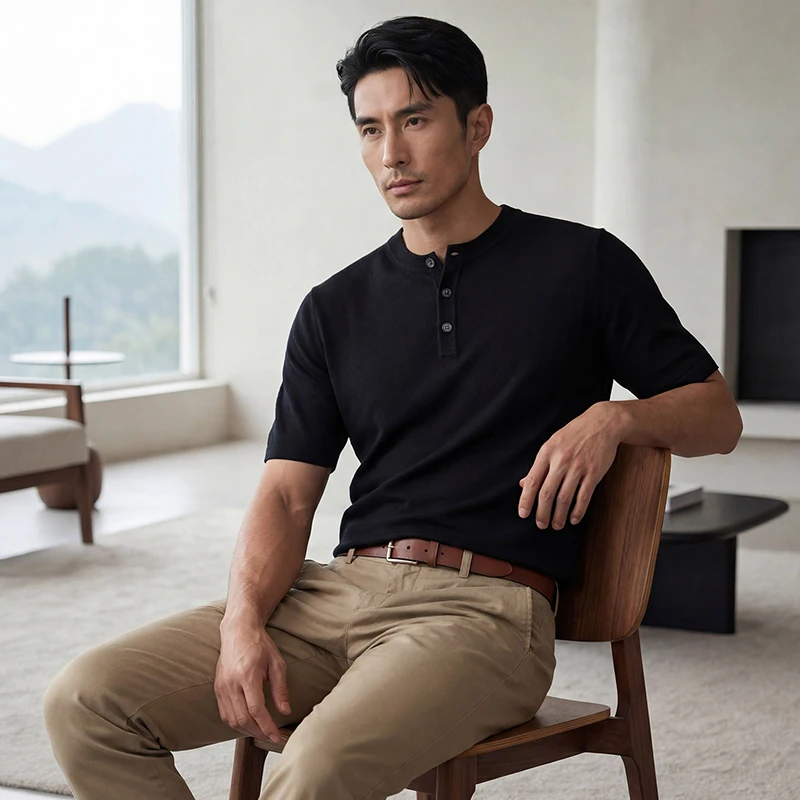 

High-End Three-Button Men'S T-Shirt Summer 18-Stitch Fine-Spun Mulberry Silk Short-Sleeve Cool-Touch Knitted Round-Neck Top