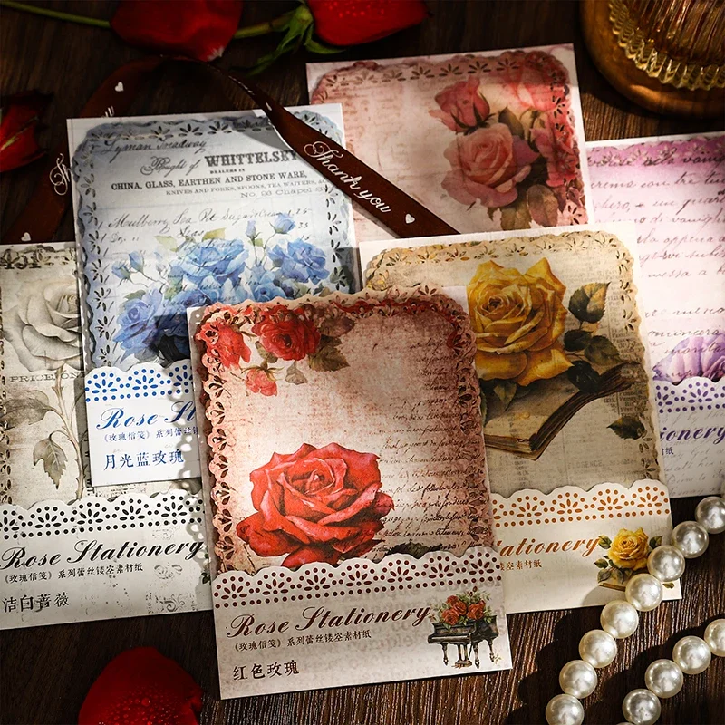 10Pieces Material Paper Hollow Rose letterhead Lace handbook Material Notebooks Decoration Handwriting Scrapbook Cut 176*114MM