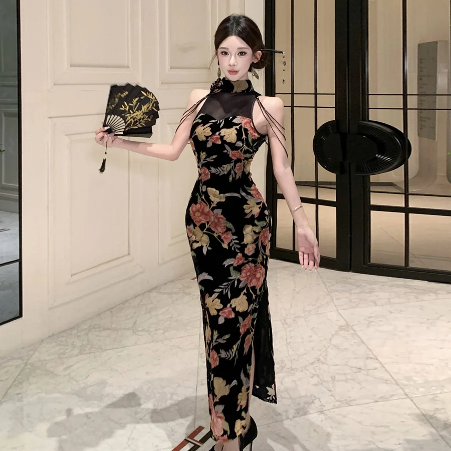 

Sexy Chinese Style Bodycon Dress with Tassel Trim Heavy Embellishment Lace Splicing Waist Cinching Slimming Midi Dress