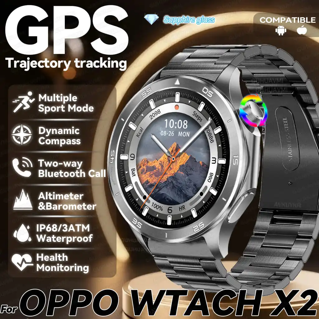 

2025Новинка для OPPO Watch X2, умные часы для мужчин, GPS-трек, компас, AMOLED-экран, Bluetooth-вызов, пульс, IP68, водонепроницаемые умные часы