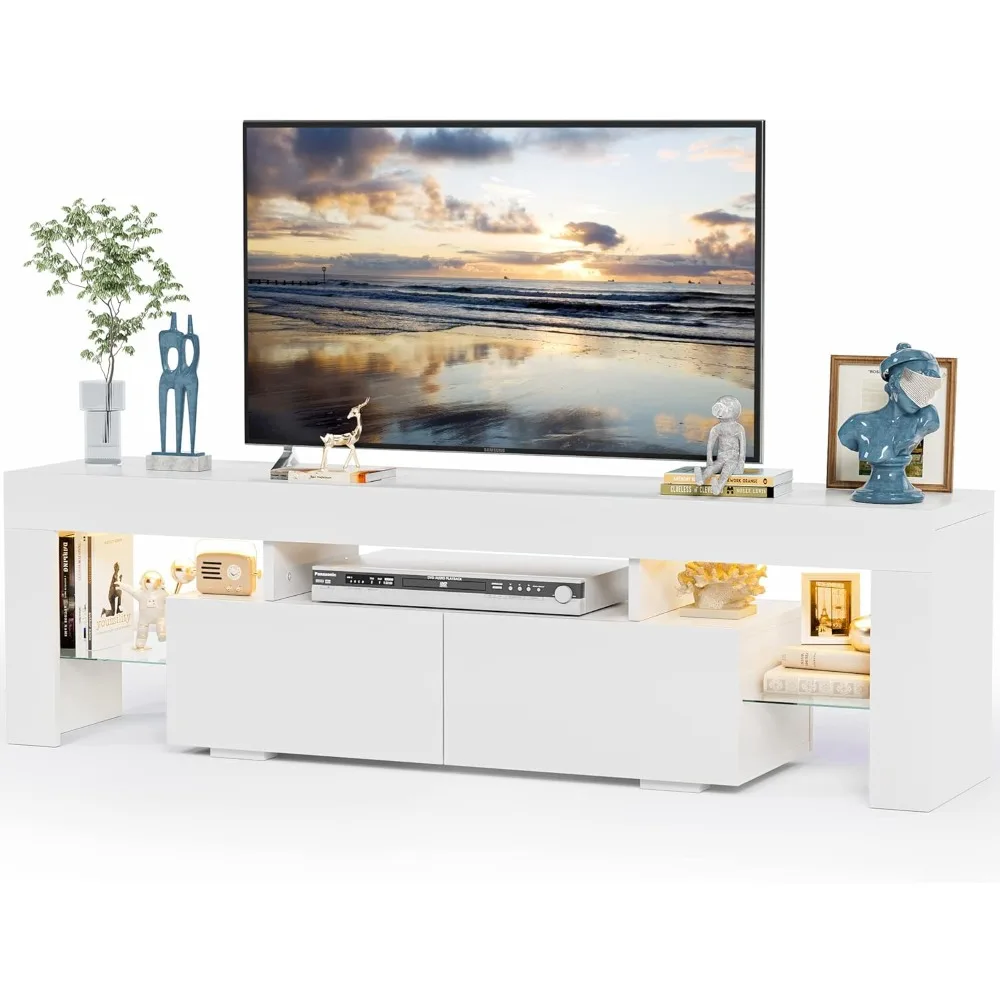 TV Stand, Modern Lighting TV Cabinet Entertainment Center Media and Open Shelf, TV Console Table