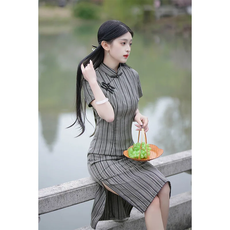 Elegant Striped Cotton Linen Qipao Chinese Women Mandarin Collar Short Sleeve Cheongsam Daily Dress