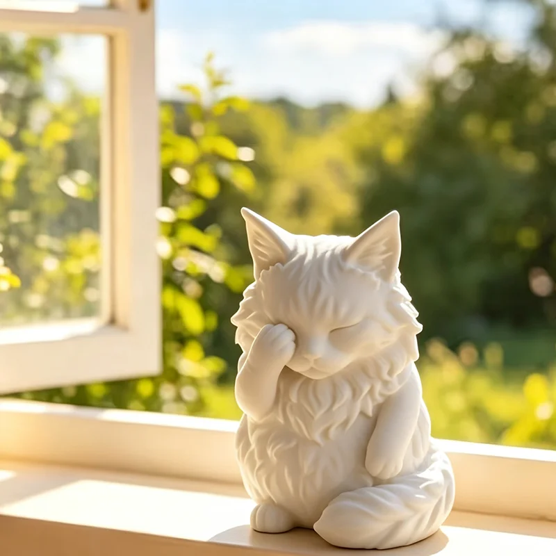 3D Printed Shy White Fluffy Cat Statue Minimalist Matte White Kitty Figurine Hand Over Face Cute Animal Sculpture Desk Decor
