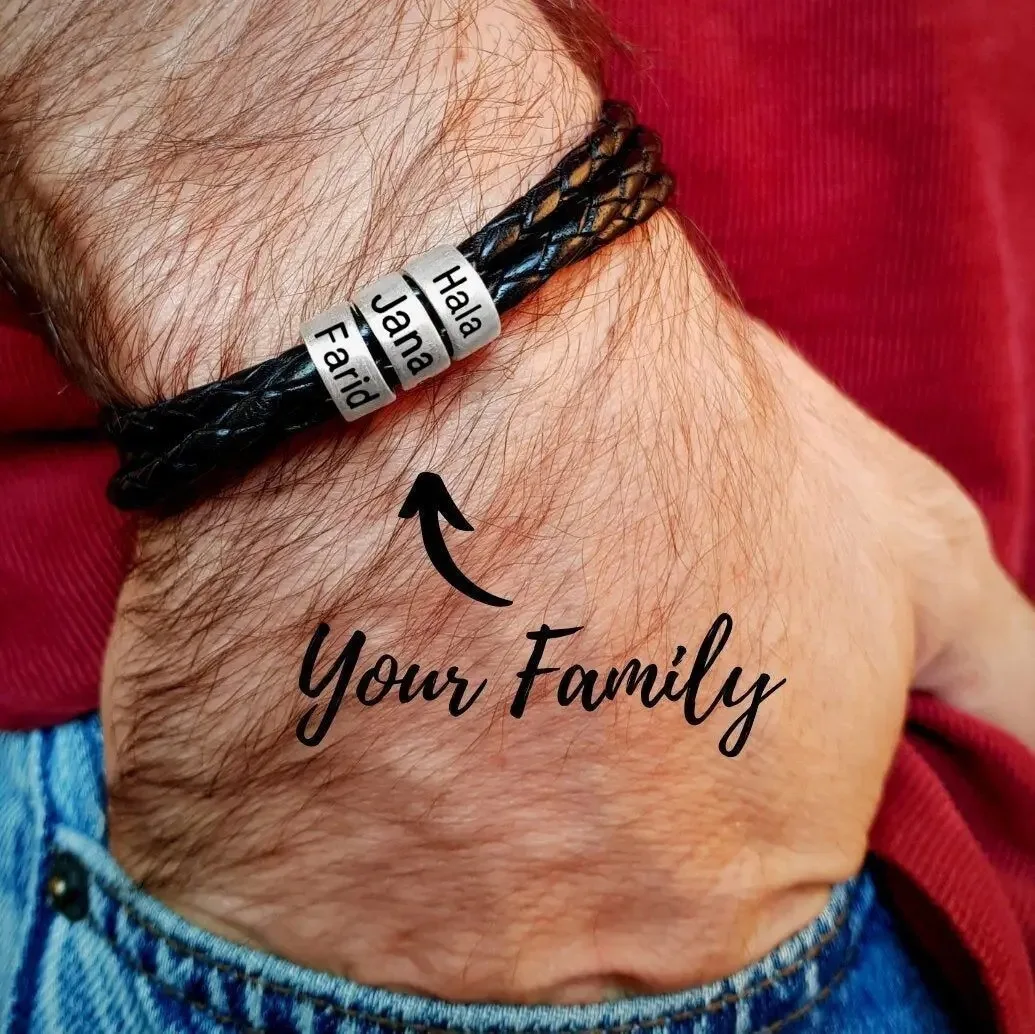 Custom 1-7 Names Multi Layer Leather Bracelet for Men,Stainless Steel Beads Handmade Braided Wristband,Gift for Father Dad