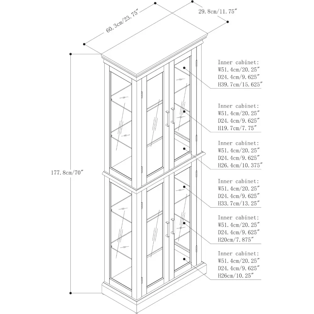 Wooden Display Cabinet with Adjustable Tempered Glass Shelves, Vintage Style Storage Cabinet, Antique Cabinets with Lights