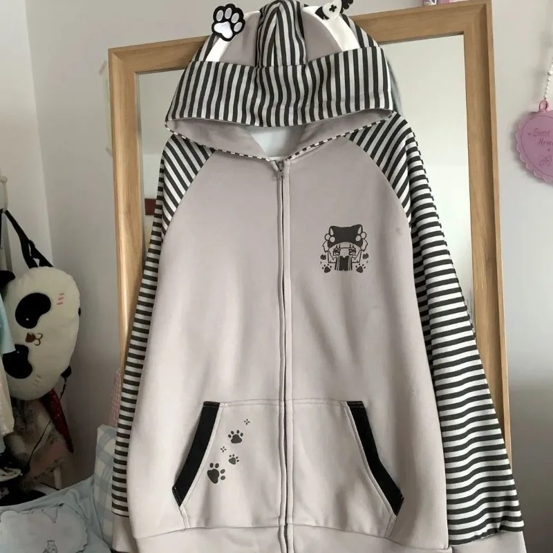 Deeptown Kawaii Zip Up Hoodie Women Japanese Harajuku Cute Cartoon Print Striped Zipper Long Sleeved Sweatshirt with Hood 2024