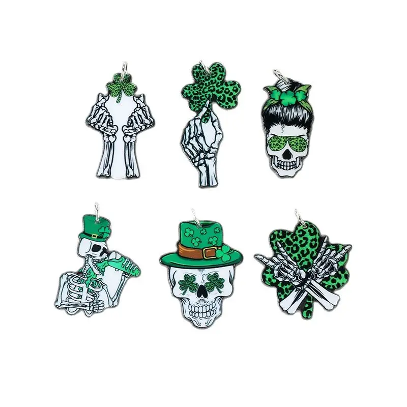 6Pcs St Patricks Day Charms Creative Acrylic Skeleton Jewelry Findings Earring Pendant Necklace DIY Making Accessories