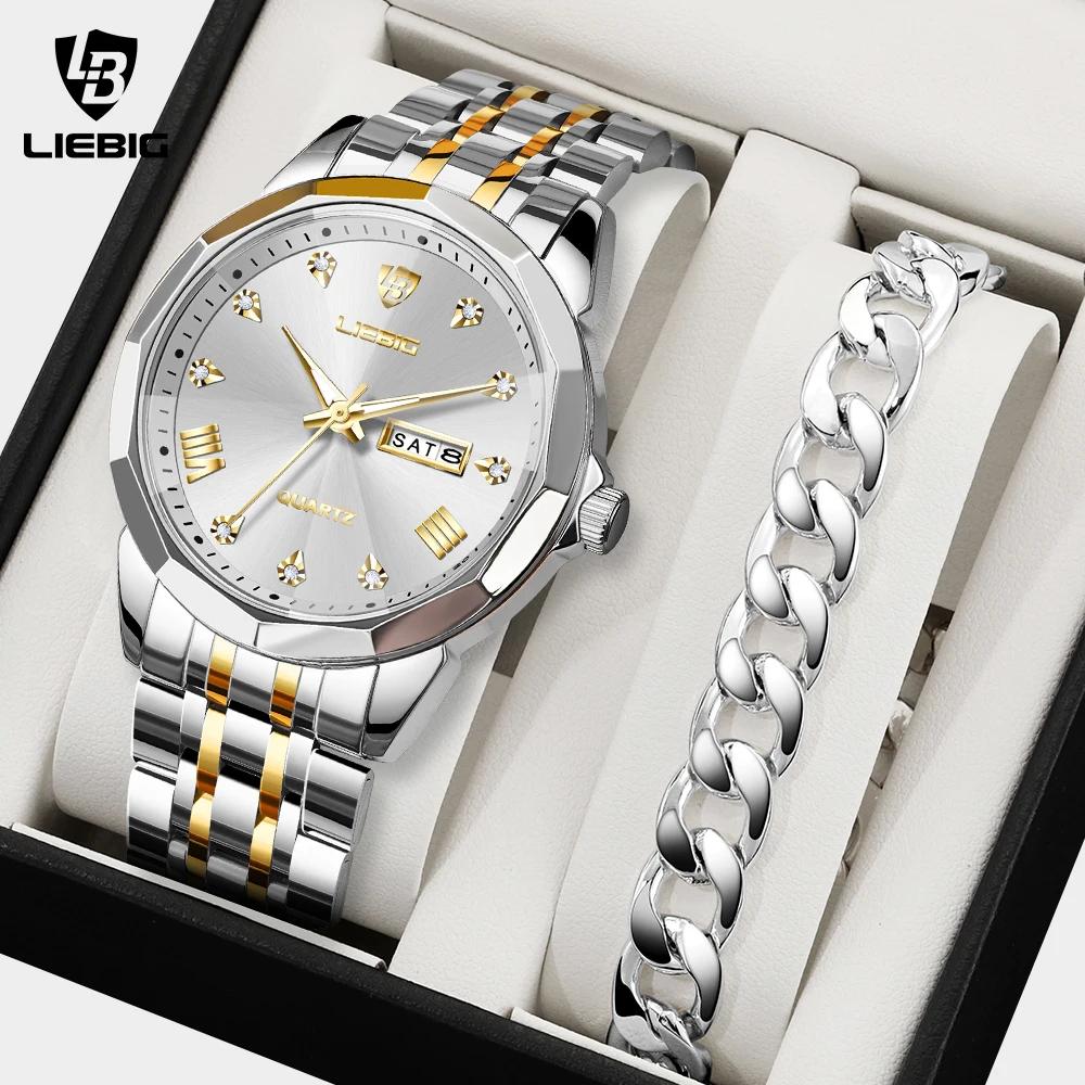 LIEBIG Mens Luxury Movement Quartz Watches Women Fashion Business Day Date Time Watch Waterproof Wristwatches and Bracelet Reloj