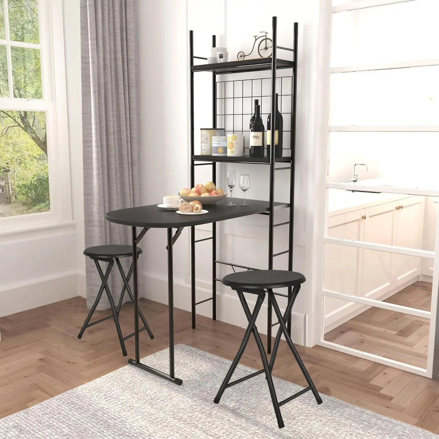 

Retro 3-in-1 Kitchen Table Set with 2 Round Stools, Black, 21.9" x 35.4" Oval Tabletop