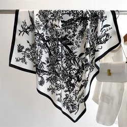 2024 Women Luxury Brand Design Scarf Fashion Blossoms Floral Silk Scarves Square Bird On Tree Print Handkerchief Bandana 90*90Cm