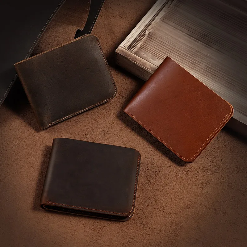 محافظ رجالية من جلد كريزي هورس مصنوعة من الجلد الطبيعي على الطراز الأوروبي والأمريكي بمشبك دولار قصير من طبقة علوية من جلد البقر للرجال