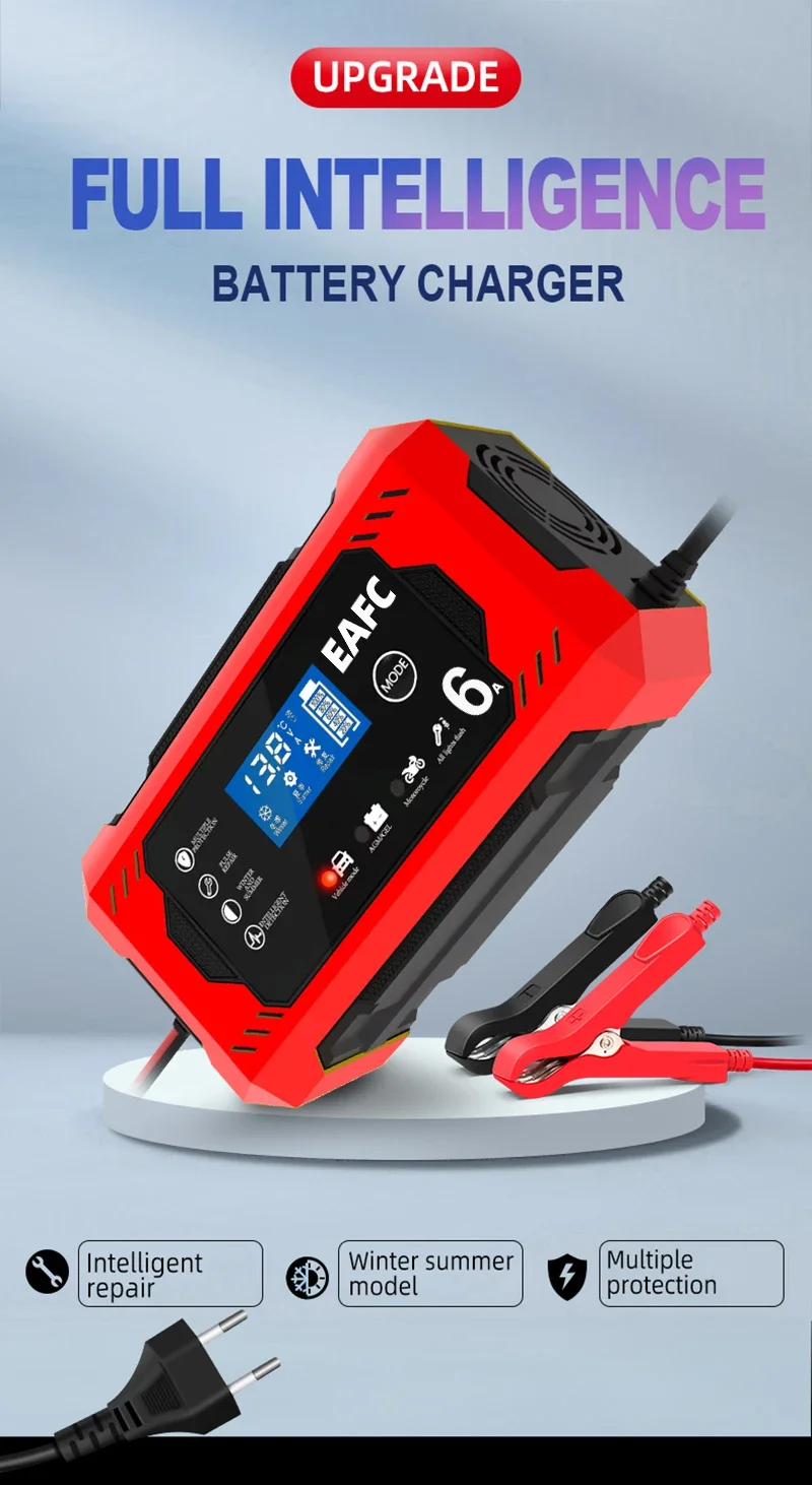 Intelligentes 12V Batterieladegerät für Autos & Motorräder 6A/10A Ausgang LCD-Bildschirm Reparaturmodus Überladeschutz-Design Ladestation – Detail 2