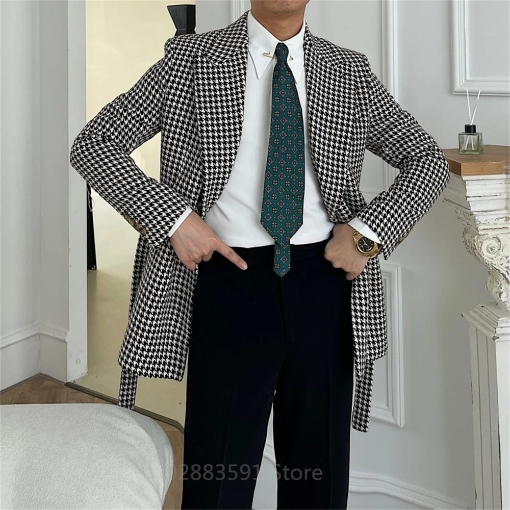 Houndstooth Double Breasted Wedding Suits For Men 2 Piece Slim Fit Male Fashion Groom Tuxedo Set With Belt Latest Design 2024