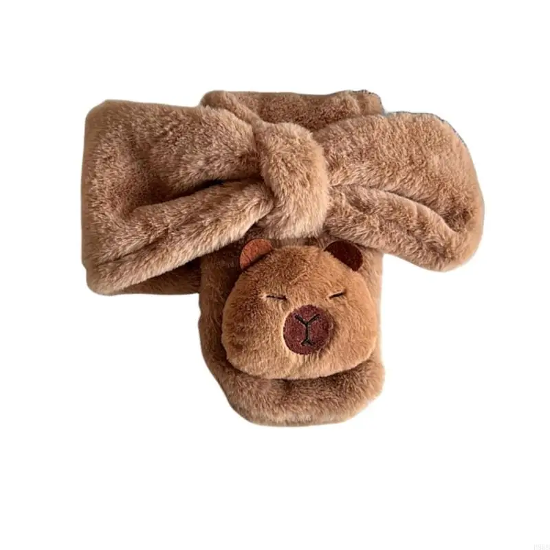 

P88B Capybara Long Rectangle Faux Furs Warm Soft Furry Wrap Around Loophole Scarf Bear Shawl Wrap Windproof Neck Warmer