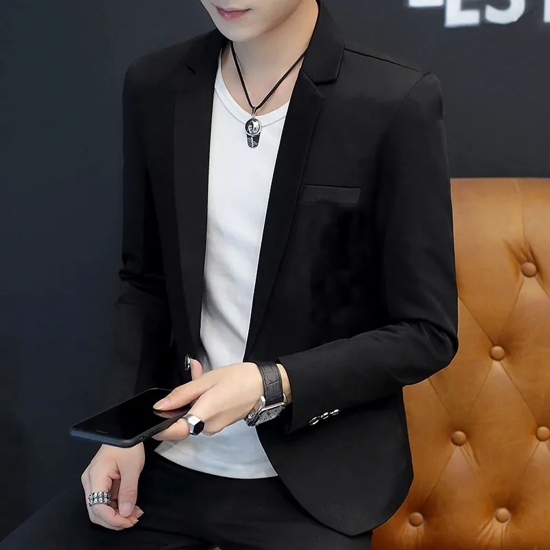 

Spring Autumn Men's Suit Set Casual Single Button Long Sve Pure Color Jaet Sli Trendy Slim Fit Korean Sle Top