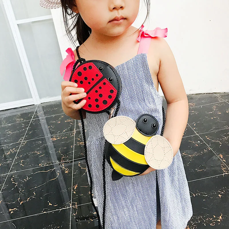 PU leather cartoon cute bee and ladybug shoulder bag for girls - lightweight princess cross-body small bag