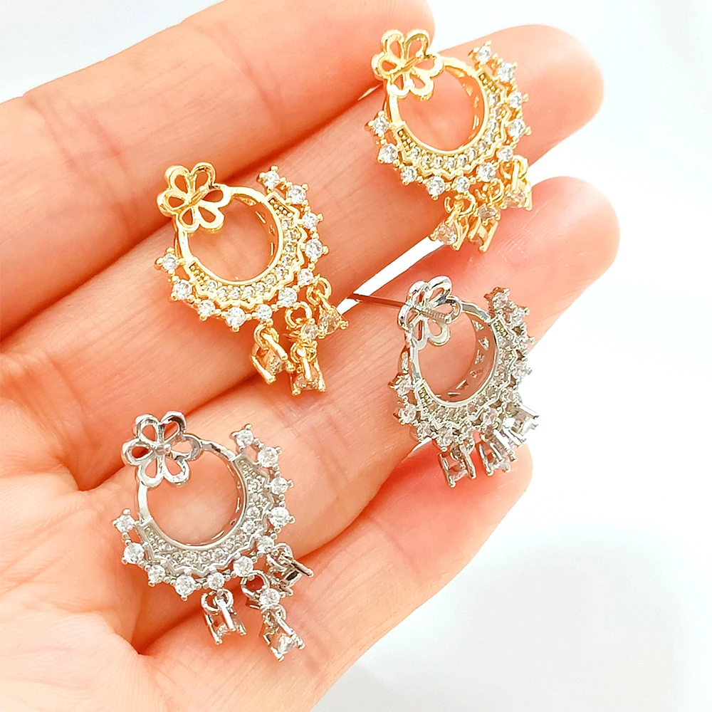 

1 Pair Brass Coated Gold Zircon Inlaid Exquisite Crescent Shaped Earrings with Empty Support DIY Jewelry Making Accessory