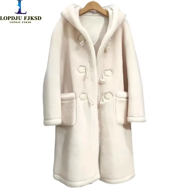 

Faux Mink Fur Coat for Women, Horn Button, Long Jacket, Thick Warm Clothes,Hooded,Spliced , Autumn and Winter, 2024