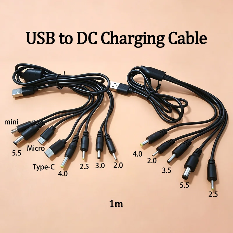 1PC Universal USB to DC Multi Tip Power Cable, Type-C/Micro/Mini USB & DC 2.0/2.5/3.0/3.5/4.0/5.5mm Plugs for Electronics