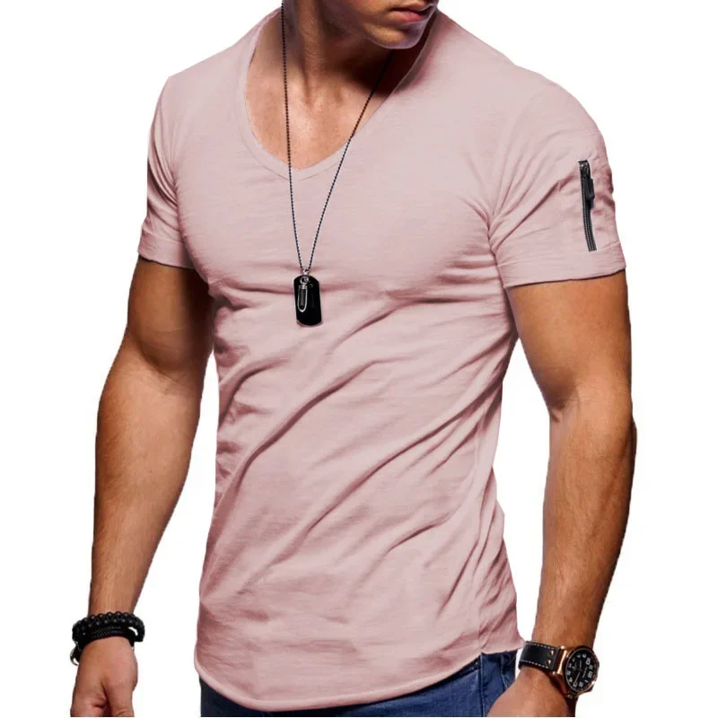 LIBIELIY New Summer Men's V Neck T Shirt Fitness Bodybuilding Tshirt High Street Short Sleeved Zipper Casual Cotton Top Plus Siz