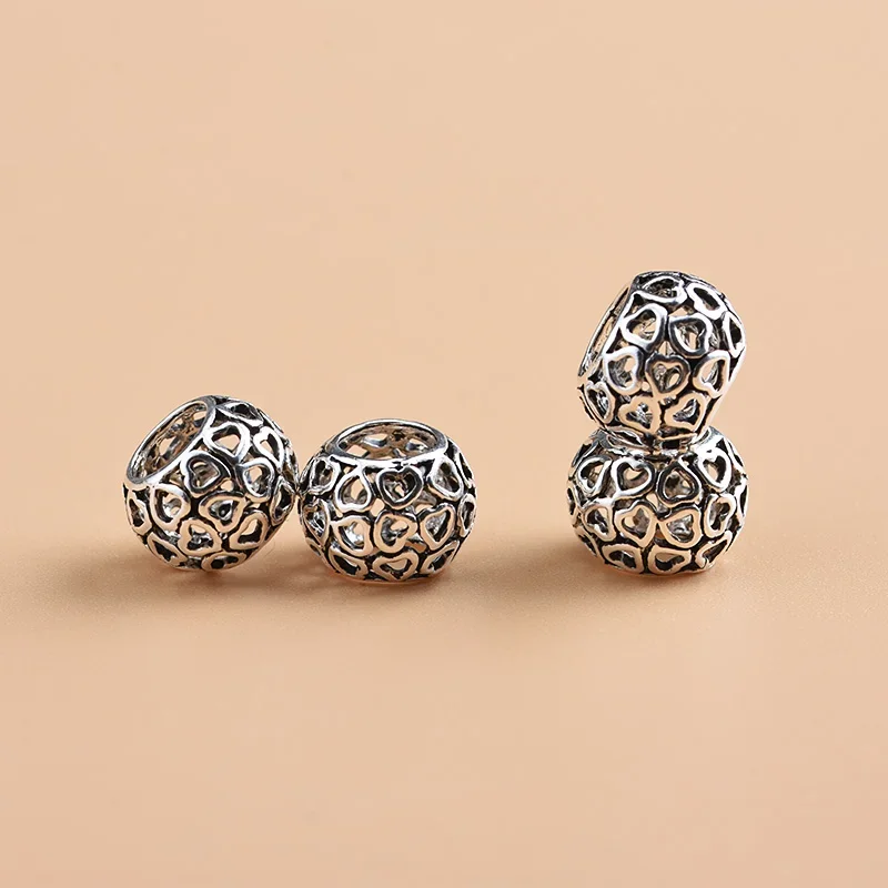 S925 sterling silver beads loose beads large hole hollow love beads handmade DIY beaded material bracelet accessories