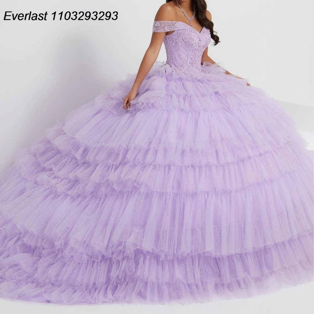 

EVLAST Customized Princess Lilac Quinceanera Dress Ball Gown Tiered Applique Beading Corset Sweet 16 Vestido De 15 Anos E1Q31