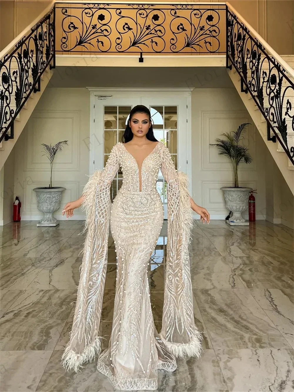 Luxurious Deep V Neck Evening Gown 2025 Customize Classic Pearl Party Dress Charming Feather Loor Length Gowns Vestidos De Novia