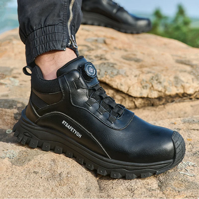 

non-slip waterproof shoes rotating button safety shoes for men anti puncture steel toe woman boots black leather work sneakers