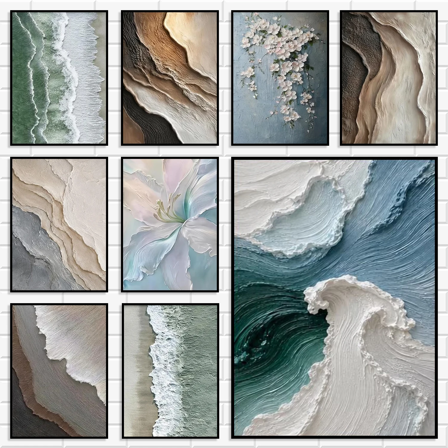 Thick Impasto Texture Ocean Wave Floral Wall Art Set Abstract Beach Layered Landscape Canvas Poster Neutral Nordic Home Decor