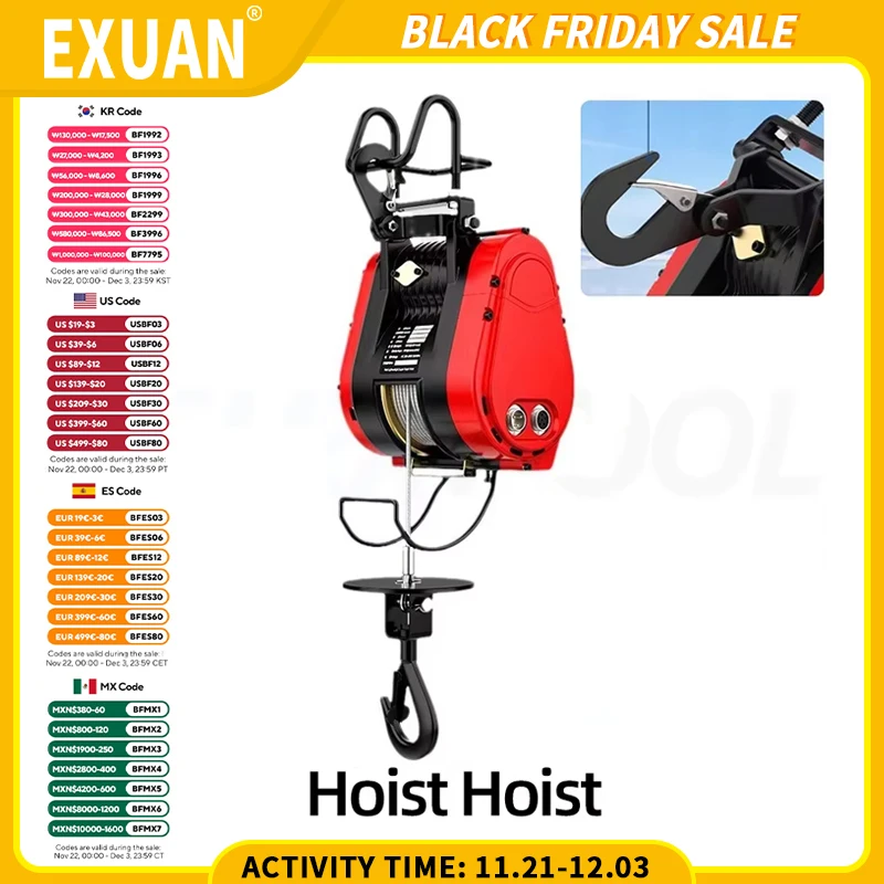 Double Hole Electric Hoist Gourd Electric Crane Steel Wire Rope Safe Electric Crane 220V Household Winch Small Suspension Crane