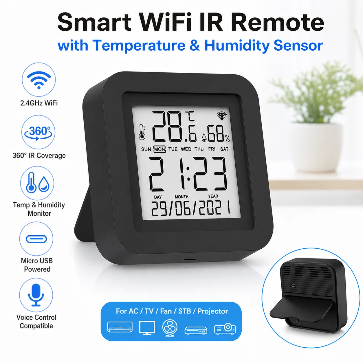 Smart WiFi IR Remote Control Temperature Humidity Sensor IR Blaster for AC TV Works with Alex Google Home Tuya Smart Life