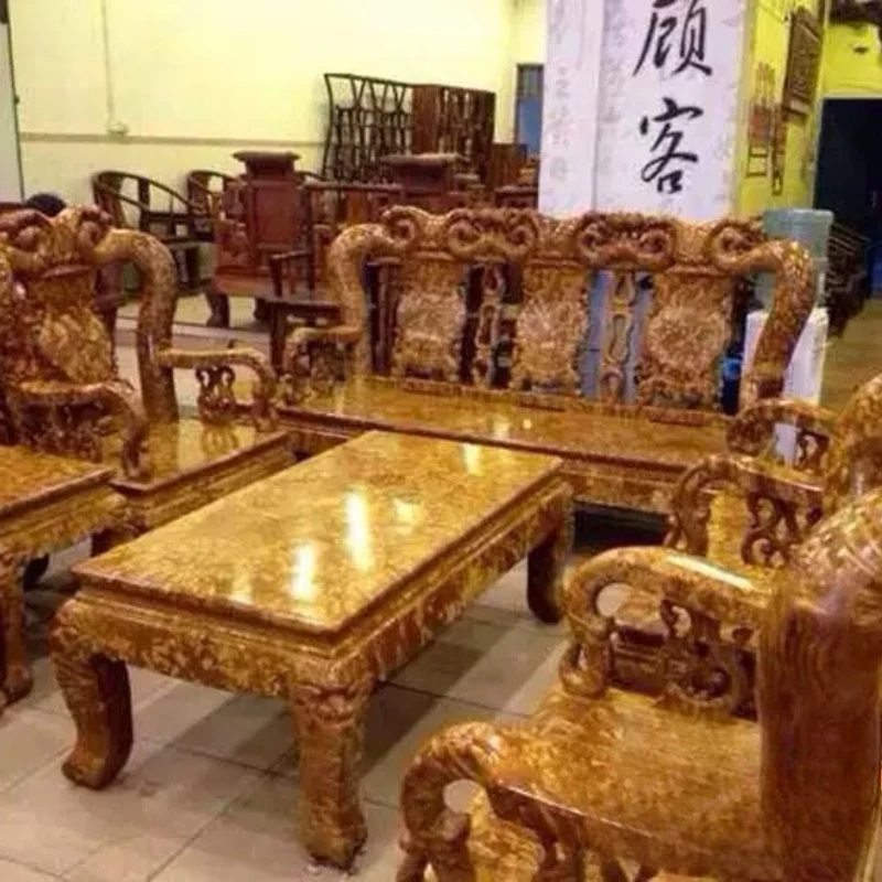 bold and thickened 10-piece set, gold camphor wood combination sofa, solid wood home sofa