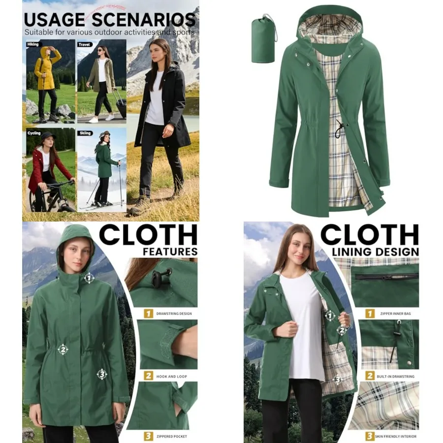 iCreek Women's Rain Jacket Packable Long Raincoat Hooded Plaid Lined Trench Coat Waterproof Windproof Lightweight for Outdoor