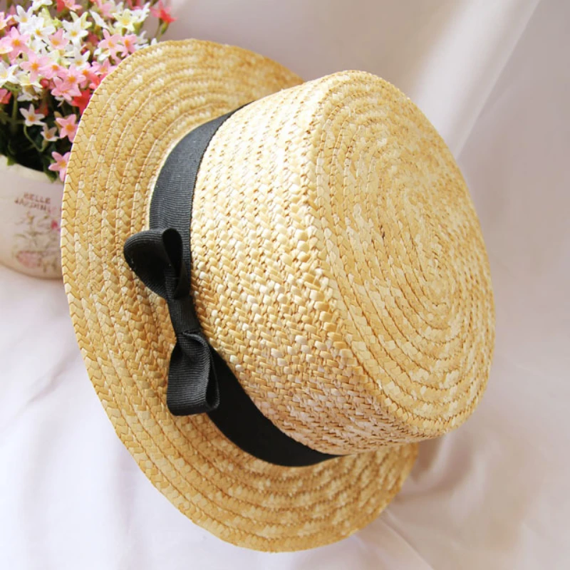 Summer Sun Hat Women Panama Hat Lady Boater Beach Hat Wide Side Female Classic Flat Bowknot Straw Sun Hat Women Fedora