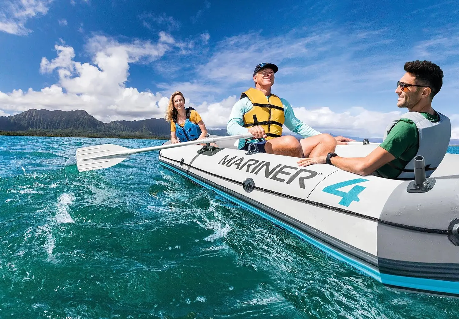 Inflatable Boat with Deluxe Oars and High-Output Pump, Heavy-Duty PVC, Wear-Resistant Keel, Removable Fishing Rod Holders, and Heavy Duty Grab Handle