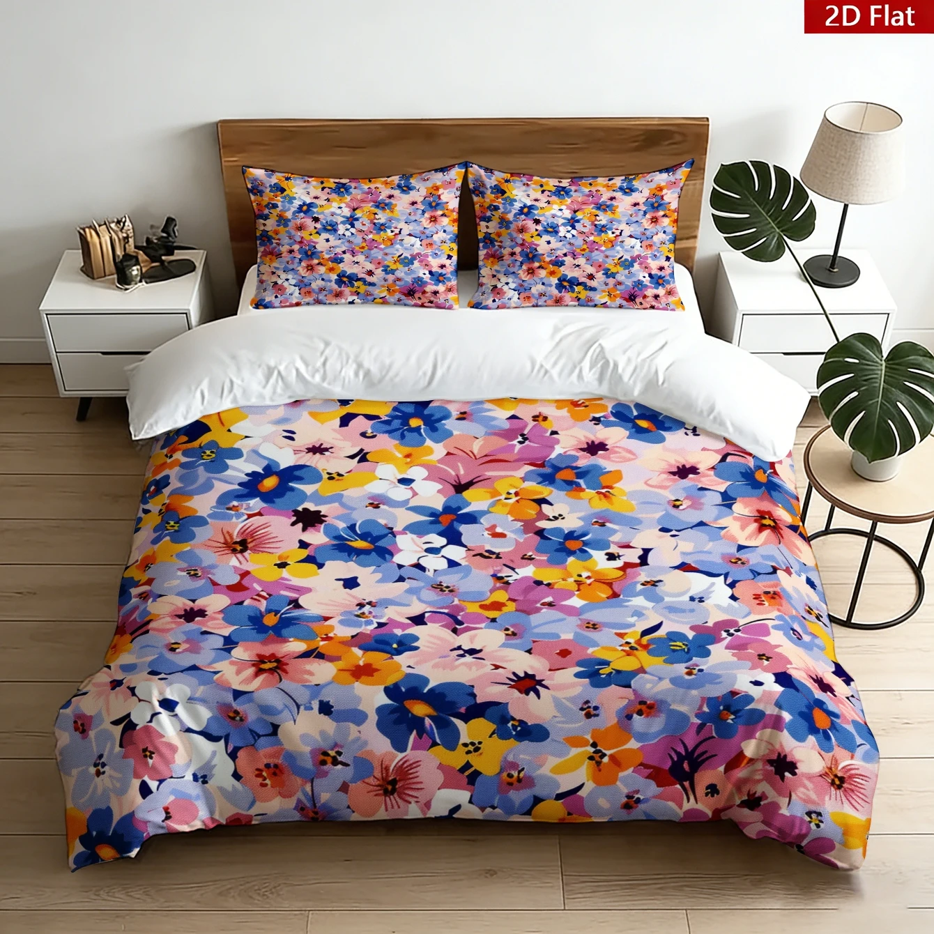 3-Piece 2D Bedding Set with Digital Printing, Colorful Floral Patterns Featuring Blue, Pink, and Yellow Flowers, Ultra-Soft Digital Printing, Soft and Comfortable Fabric