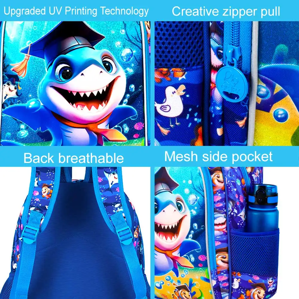 3 قطع حقائب ظهر للأولاد حقيبة كتب عاكسة لطيفة على شكل قرش للأطفال الابتدائية، مجموعة حقيبة ظهر للأطفال مع صندوق غداء
