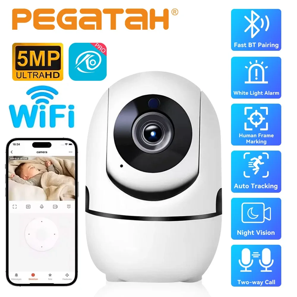 PEGATAH 8MP Home Security Camera Indoor, WiFi Pet Camera & Baby Monitor with Human Tracking, IR Night Vision, O-Kam Pro App