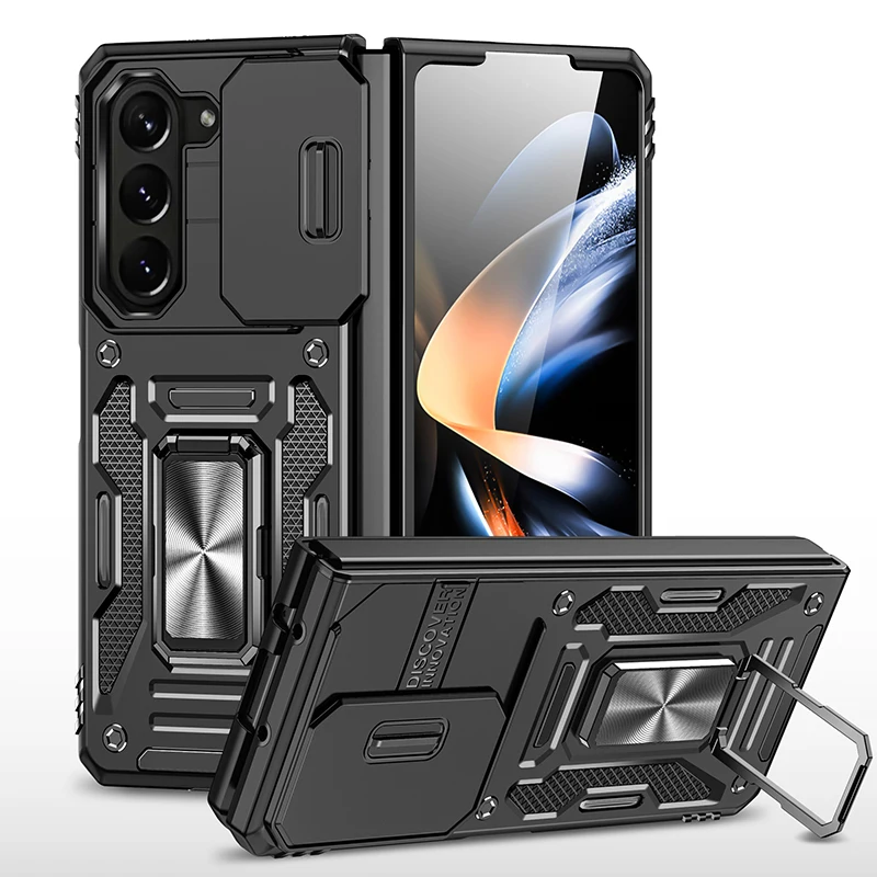 

Rugged Armor Shockproof Phone Case For Samsung Galaxy Z Fold 5 6 Slide Push Window Lens Protection Metal Ring Holder Back Cover