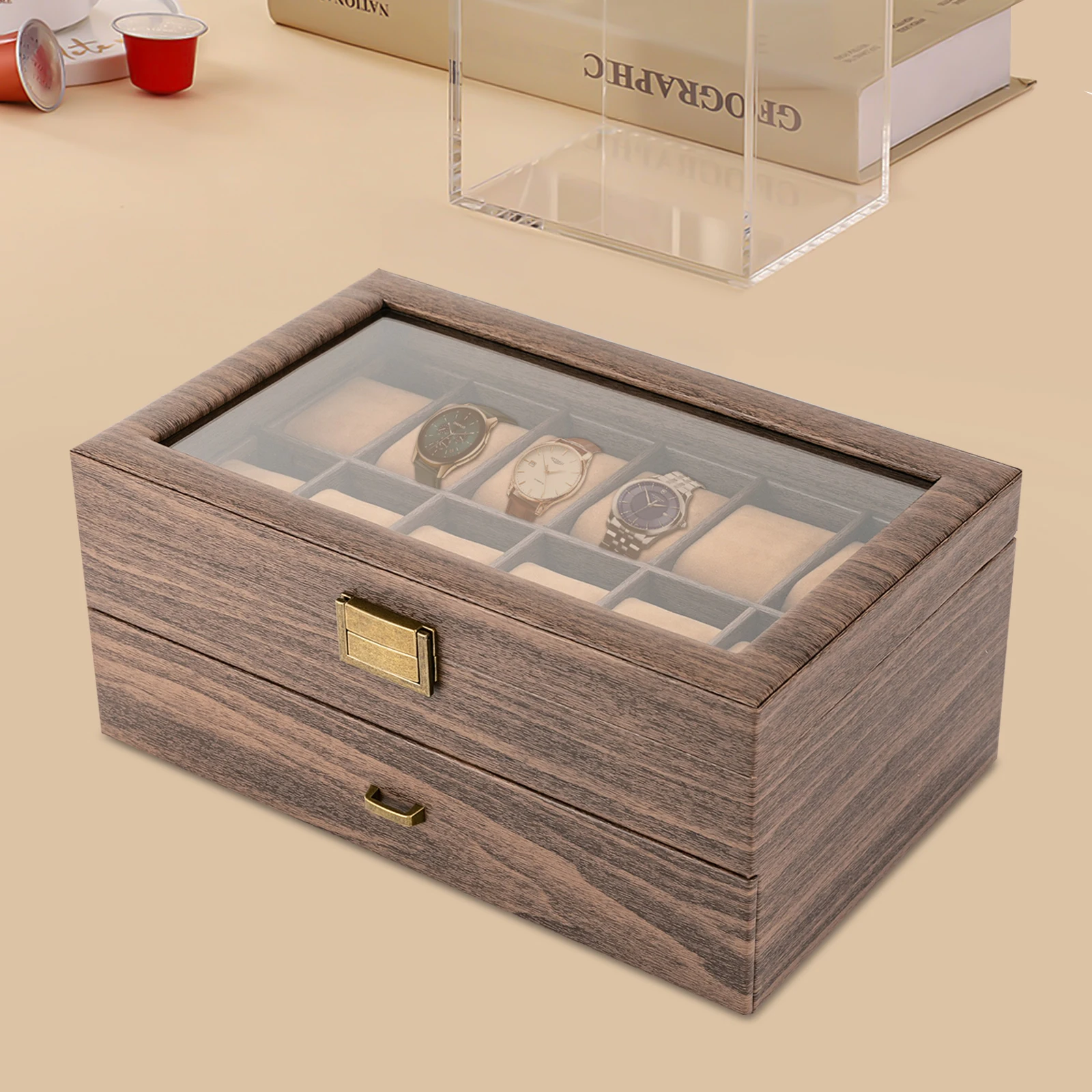 

Bymaocar 2 Layers Wood Grain 24-grid Watch Storage Box, Brown Watch Holder Organizer for Men Women with Metal Handle and Buckle