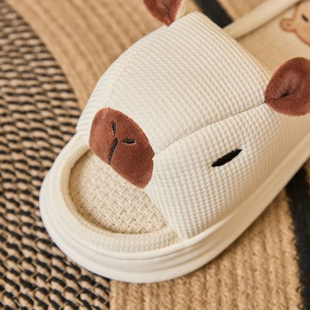 Sandal Anti-Selip Motif Kapibara Kartun, Sandal Kapibara Sol Tebal Bahan Linen, Sepatu Rumah, Sandal Linen Hewan Lucu