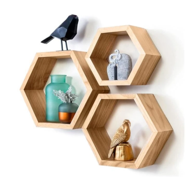 Wooden wall hanging hexagonal storage, floating shelf, honeycomb shaped display rack, wall decoration