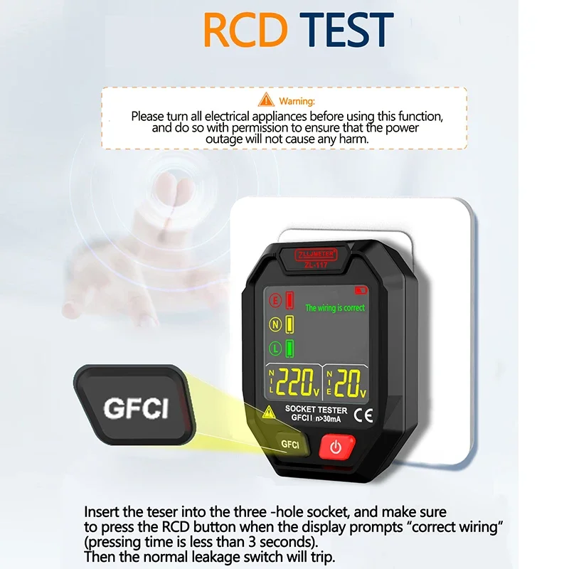 RCD 5/30mA Wykrywacz gniazda Tester gniazda Test napięcia Uziemienie Linia zerowa Wtyczka US/UK/EU Uziemienie Linia zerowa Wtyczka Polaryzacja Kontrola fazy